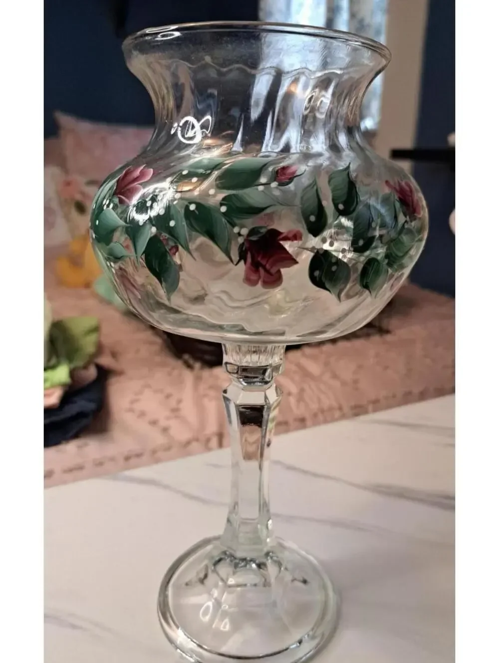 Vintage Hand-painted Pedestal Glass Hurricane Votive Lamp with Rosebuds-10